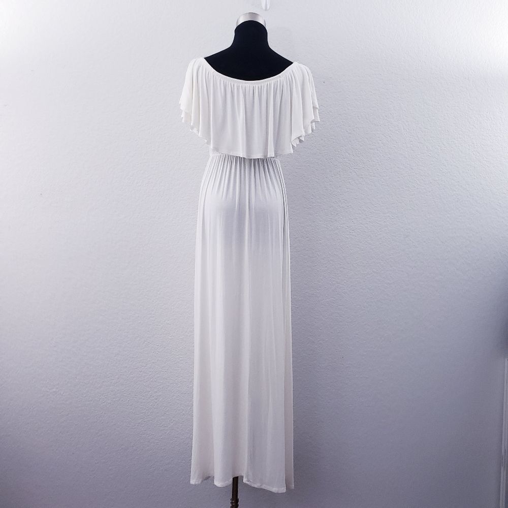 Pinkblush Off Shoulder Ivory  Ruffle Trim Maternity Maxi Dress - Picture 5 of 12